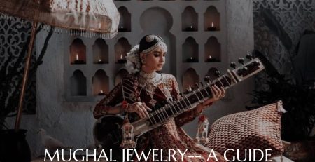 A girl adorned in Mughal-inspired jewelry plays the sitar.